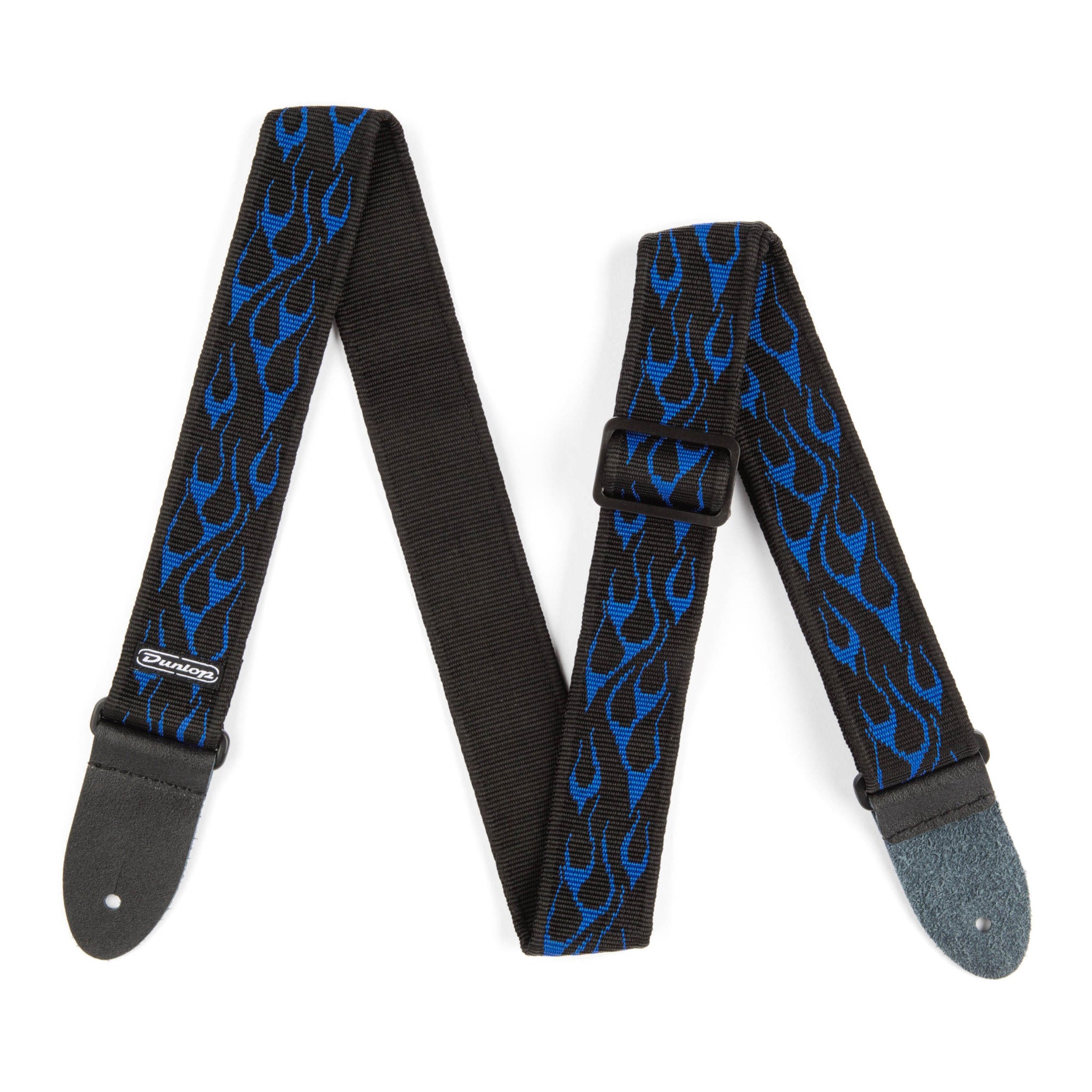 Black guitar strap with blue flame pattern on a white background