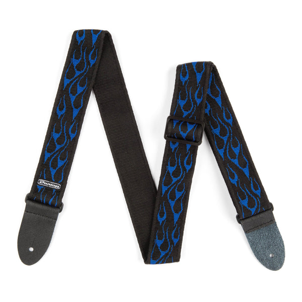 Black guitar strap with blue flame pattern on a white background