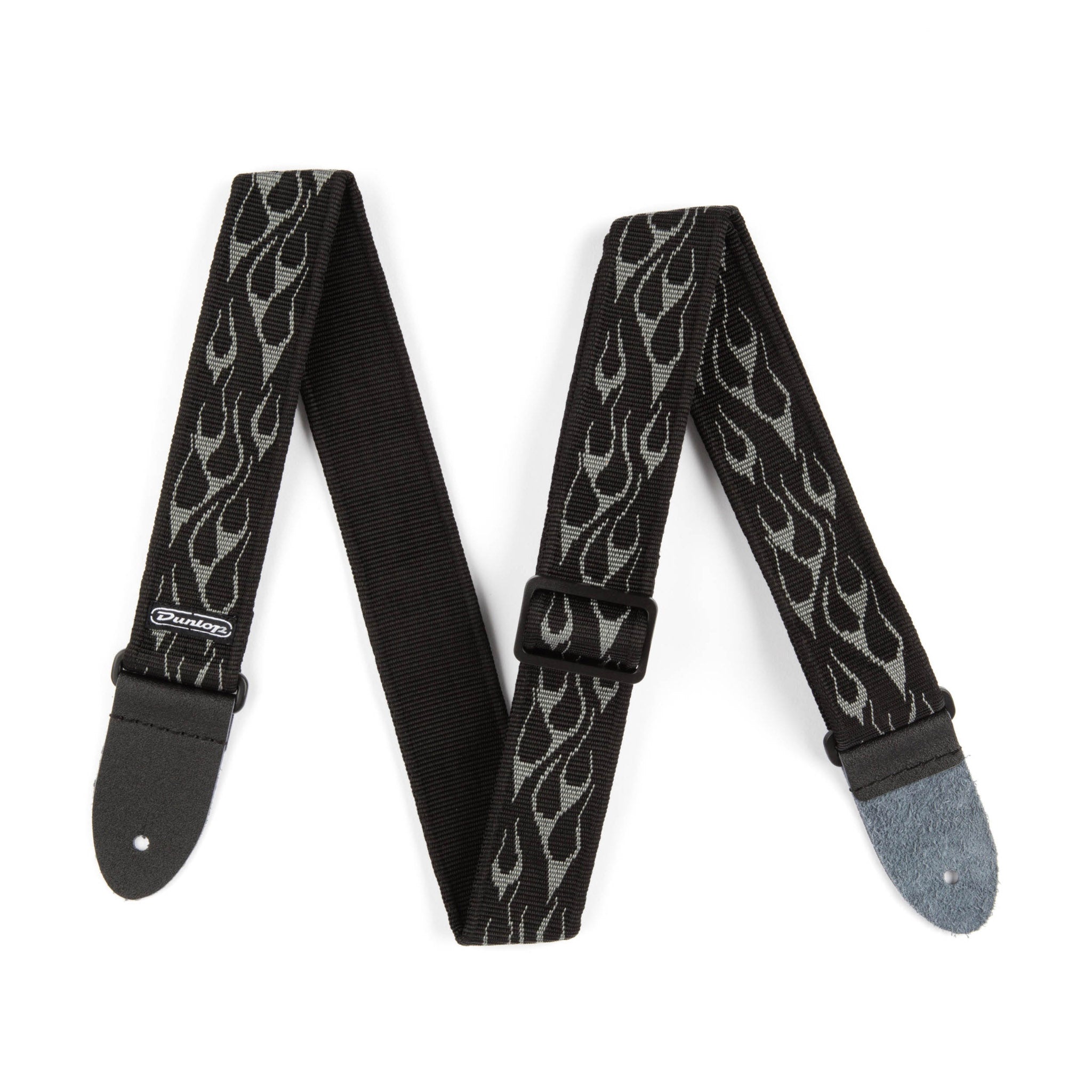 Black guitar strap with flame pattern on a white background