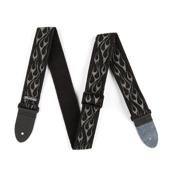 Black guitar strap with flame pattern on a white background