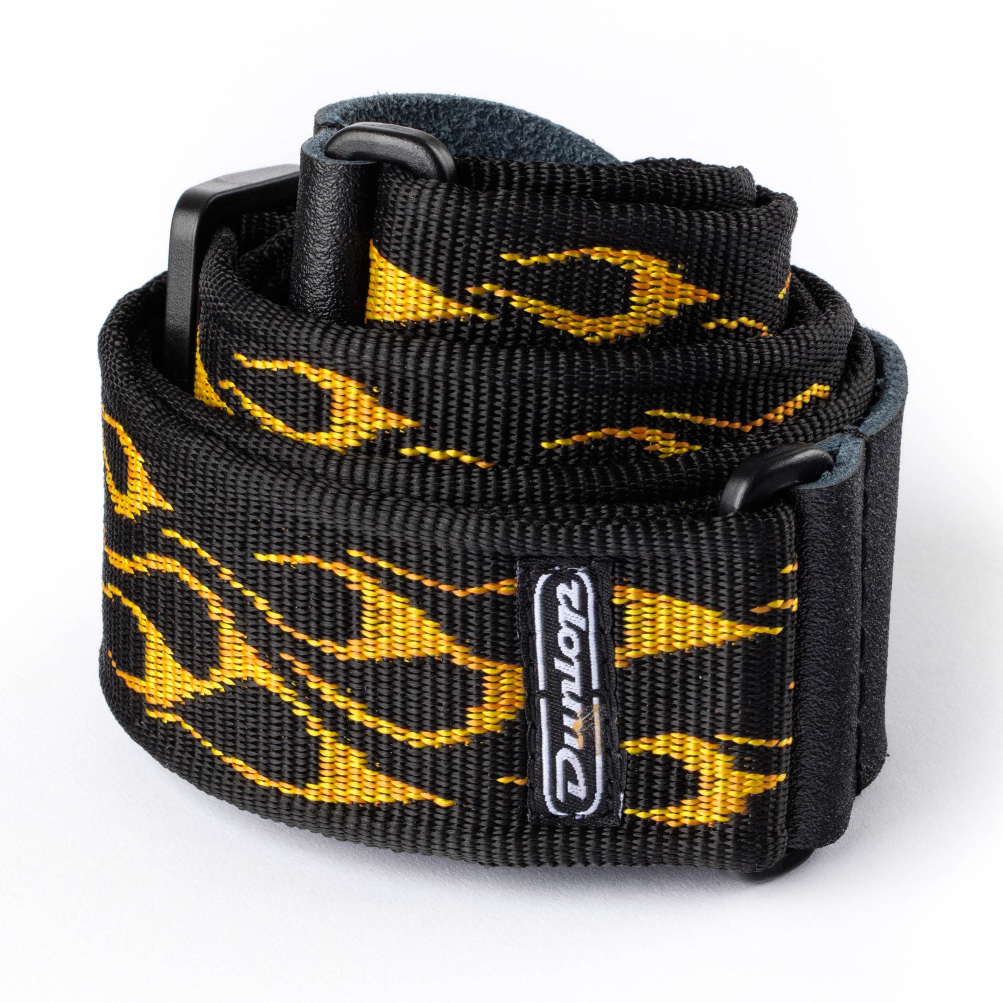 Black and yellow guitar strap with Dunlop logo on a white background