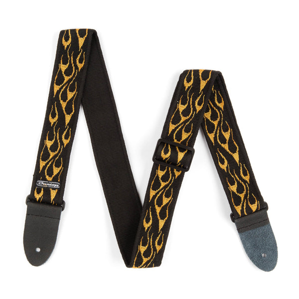Guitar strap with black and yellow flame pattern on a white background