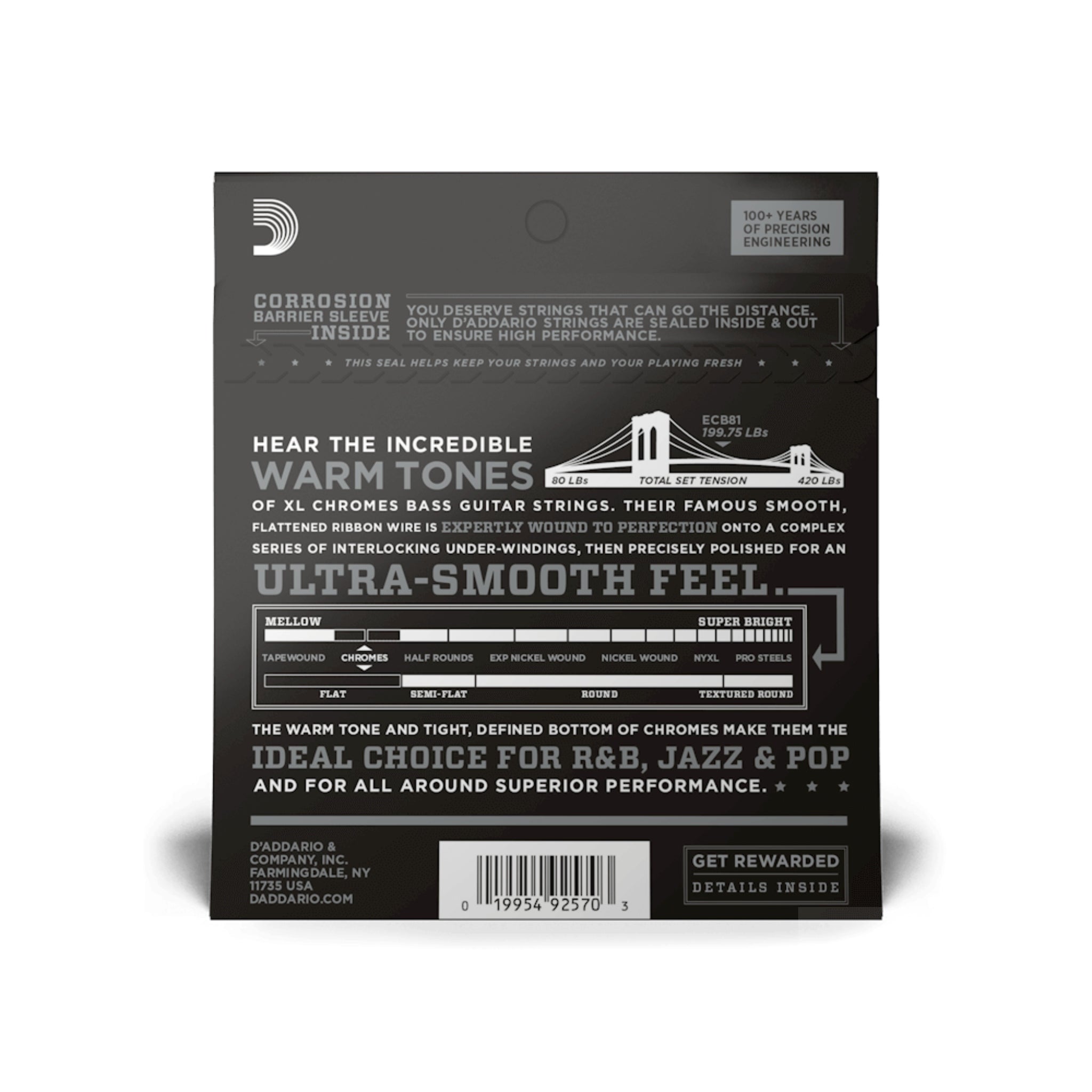 Guitar string packaging with text and branding on a white background