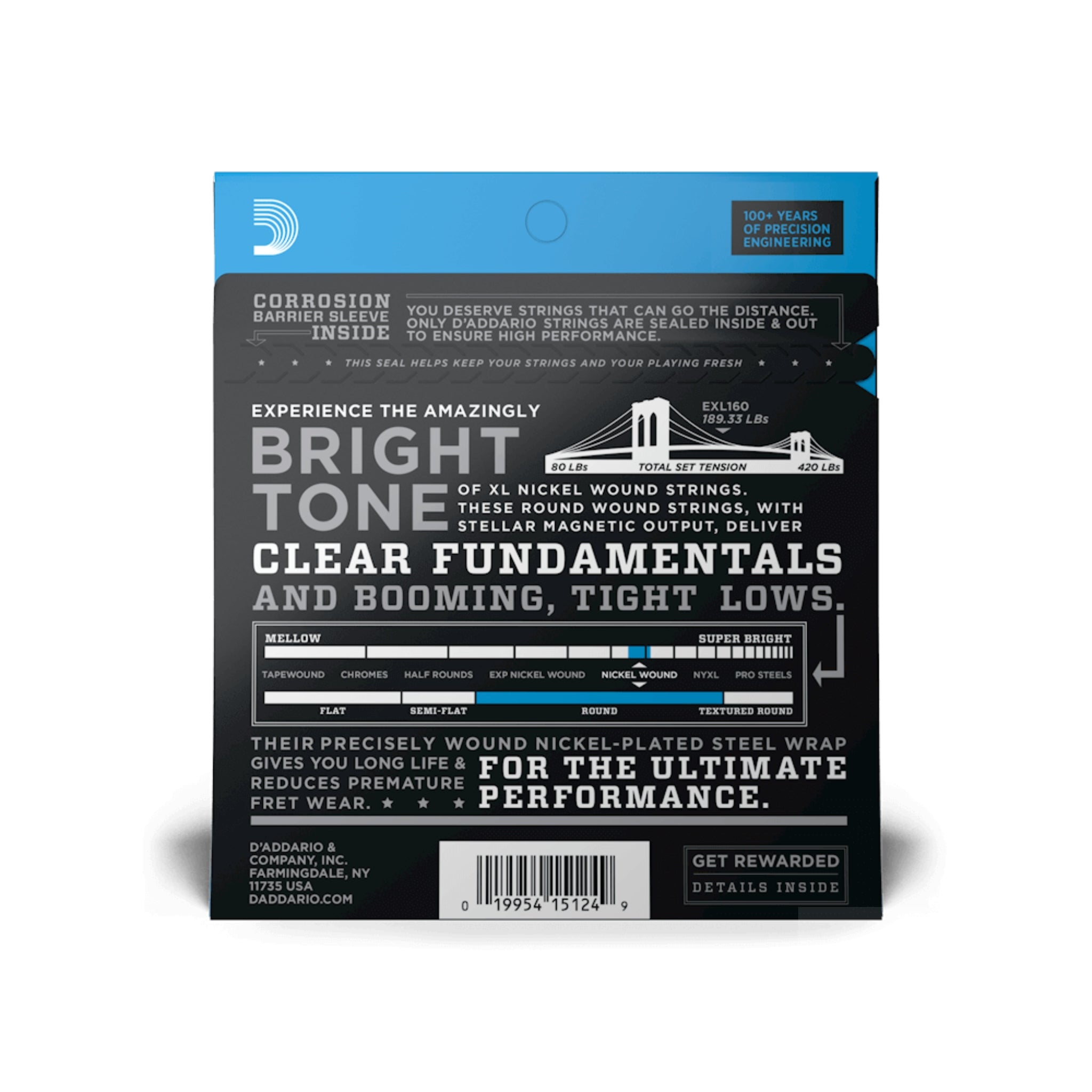 Packaging of D'Addario guitar strings with promotional text on a white background