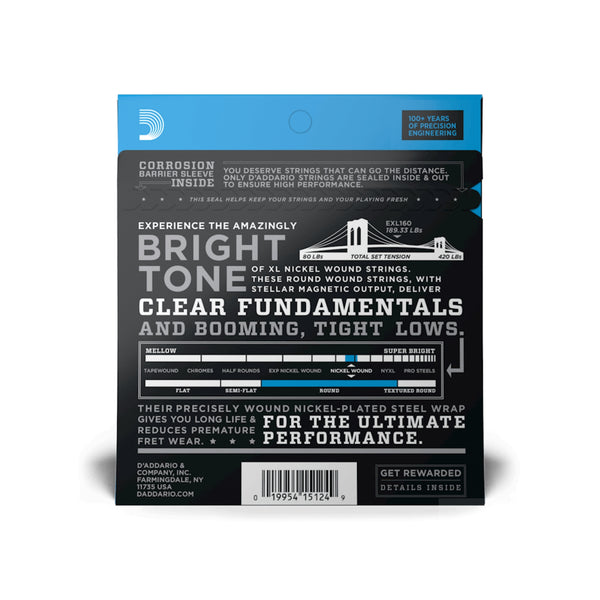 Packaging of D'Addario guitar strings with promotional text on a white background