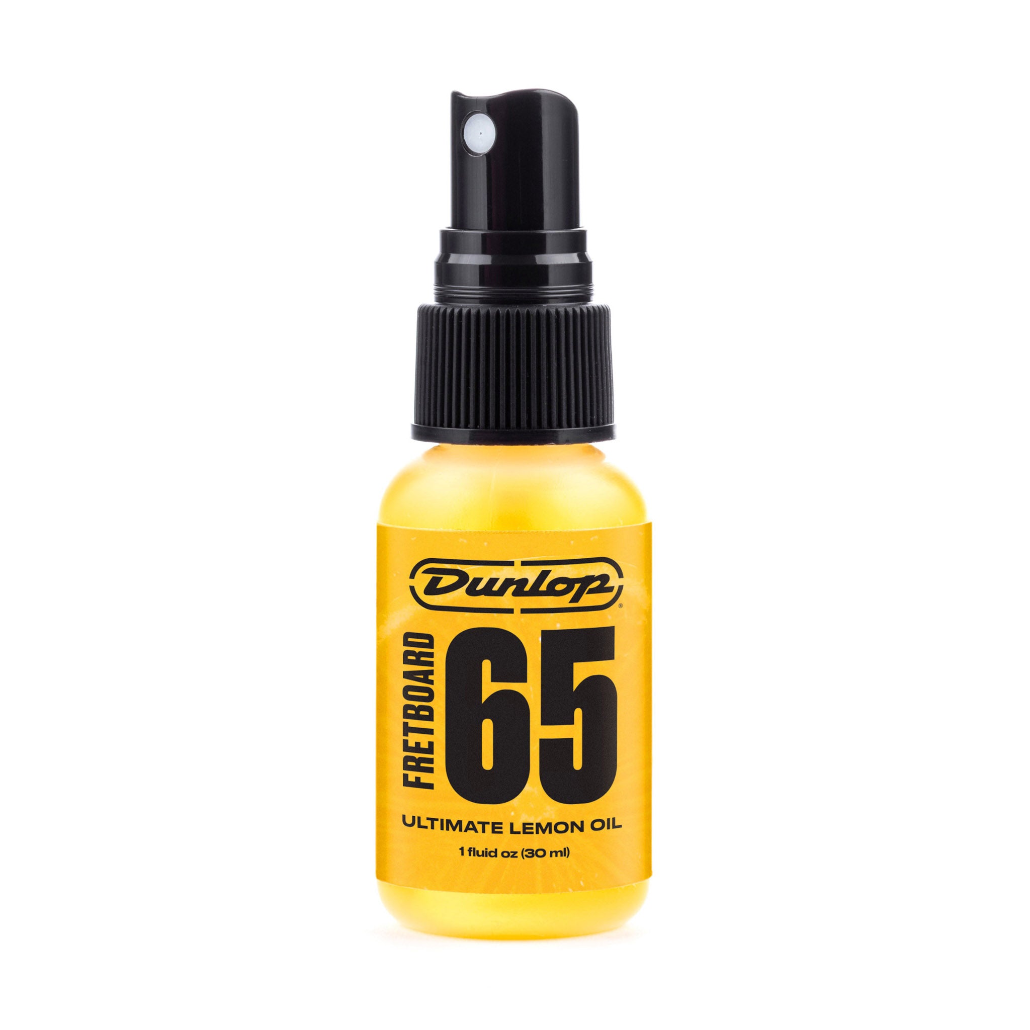 Yellow bottle of Dunlop Fretboard 65 Lemon Oil with black cap on a white background
