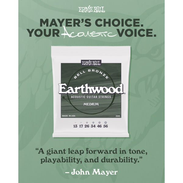 Ernie Ball Earthwood acoustic guitar strings packaging on a green background with text about John Mayer's choice.