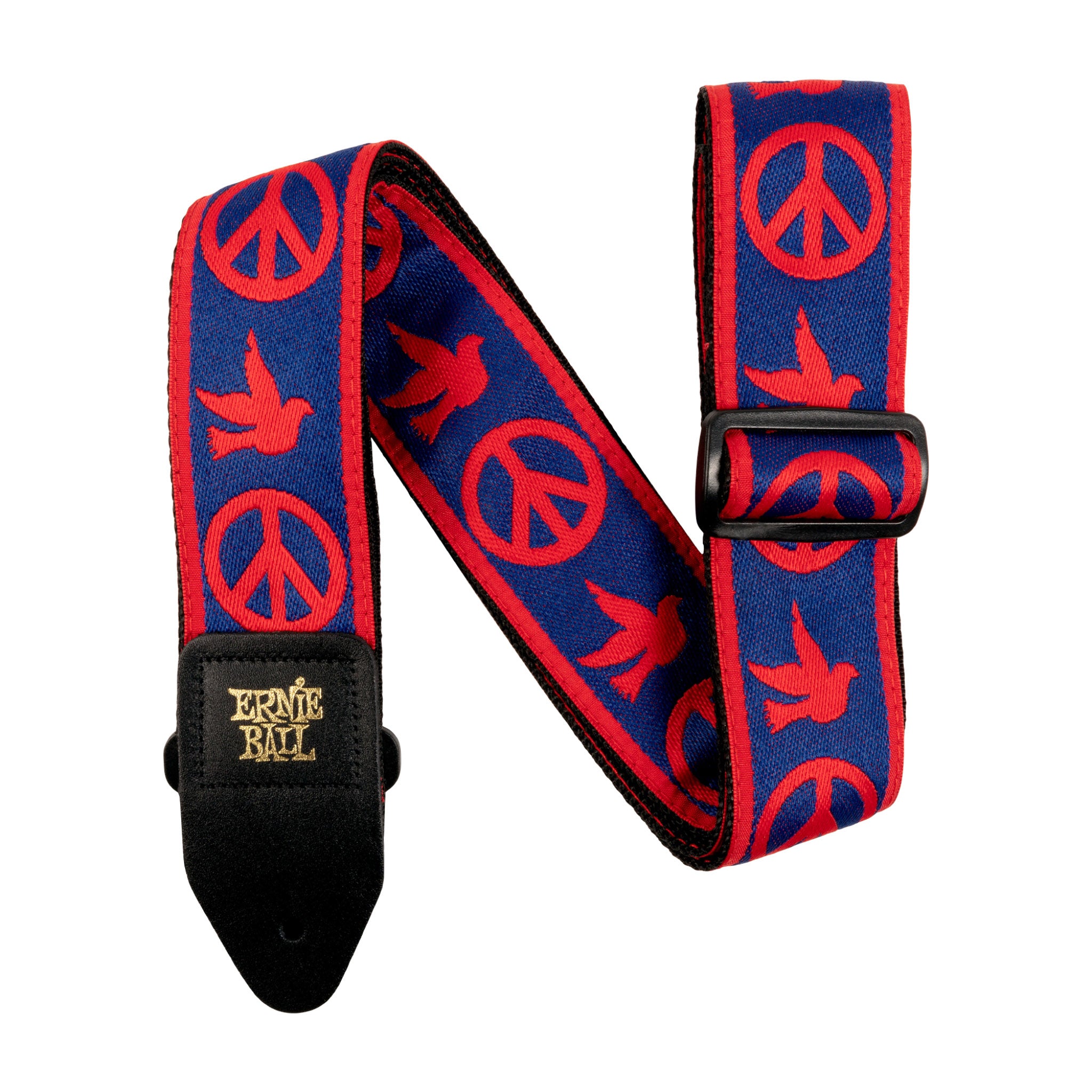 Guitar strap with peace signs and birds design on a blue background, featuring Ernie Ball logo.