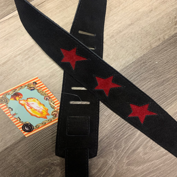 Guitar Strap Henry Heller Black Leather, Red Stars