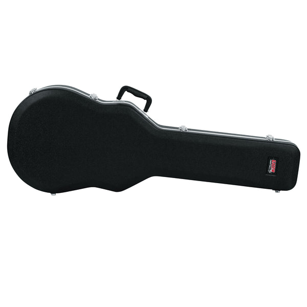 Black guitar case with a brand logo on a white background