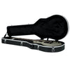 Black guitar case with a white electric guitar inside on a white background