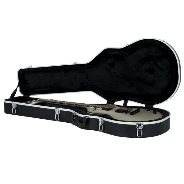 Black guitar case with a white electric guitar inside on a white background
