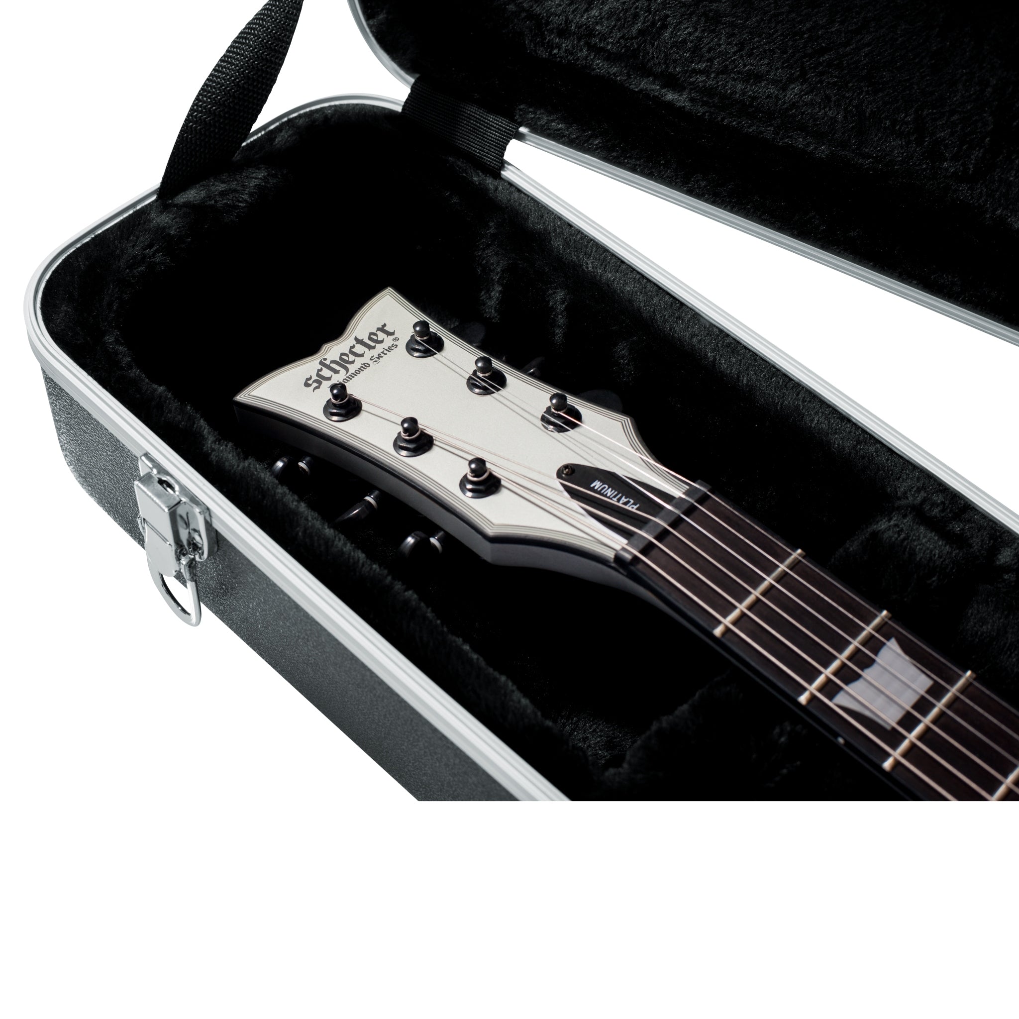 Guitar in a black case with 'squier' branding