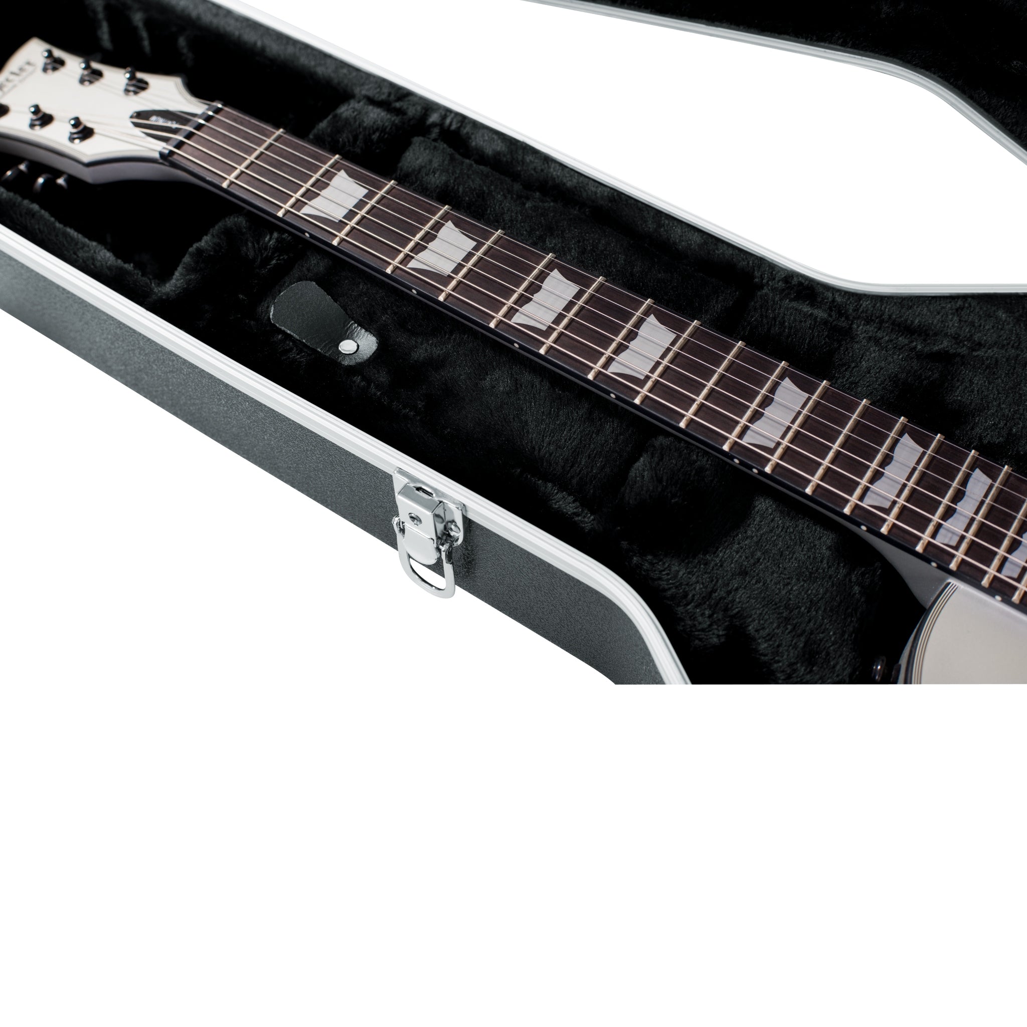 Electric guitar in a black case on a white background