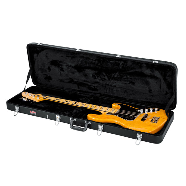 GWE-BASS Orange electric guitar inside a black guitar case on a white background