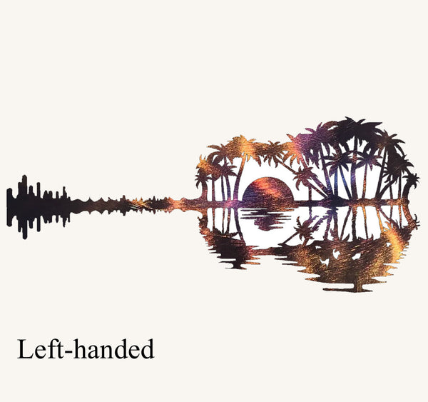 Guitar Sunset with Palm Trees Metal Art