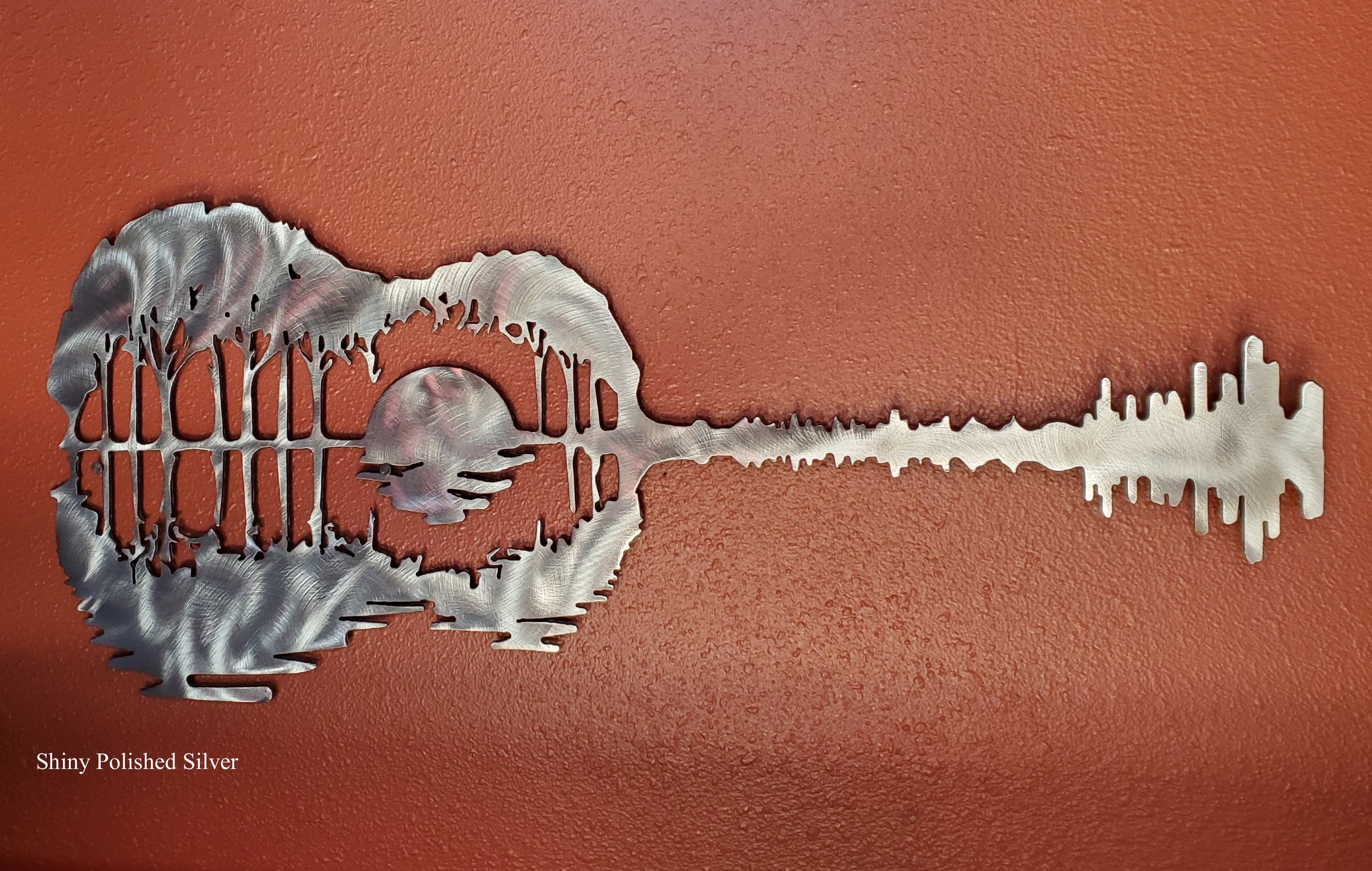 Guitar Sunset with Trees Metal Art