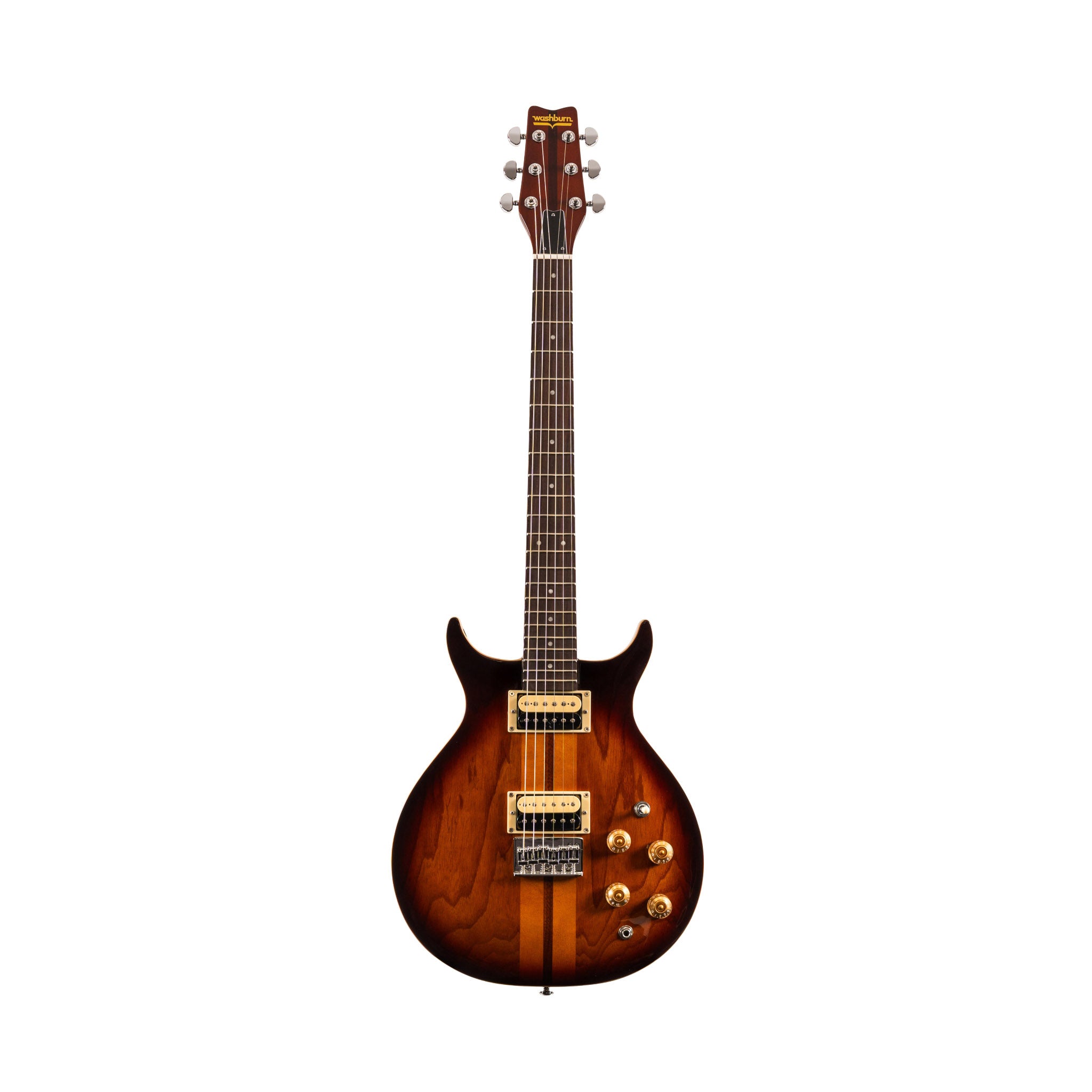 Electric guitar with a sunburst finish on a white background