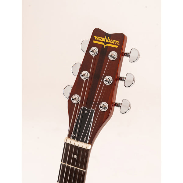 Guitar headstock with Washburn logo on a beige background