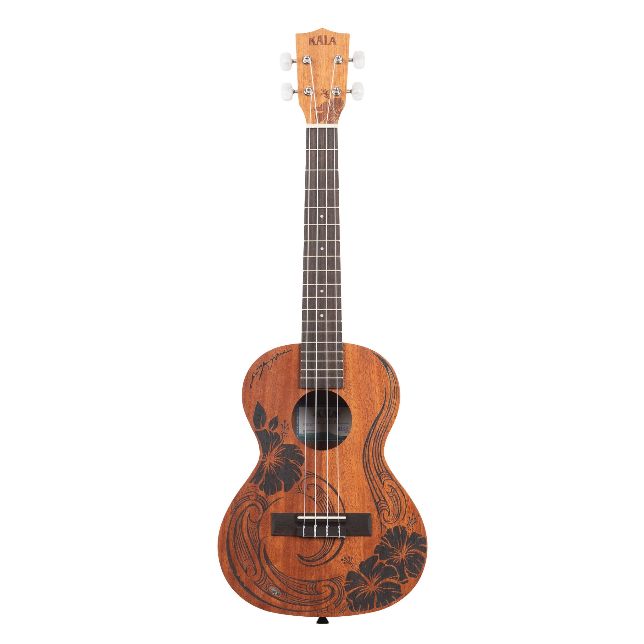A Kala Unity Mahogany Tenor Ukulele w/ Bag - KA-UNITY-T_W/BAG with a natural wood body featuring black floral and wave carvings, shown against a solid white background.