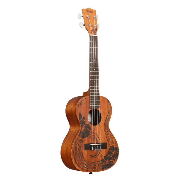 A Kala Unity Mahogany Tenor Ukulele w/ Bag - KA-UNITY-T_W/BAG with a warm brown finish, featuring black floral inlay designs on the lower bout and a dark fretboard, shown against a plain white background.