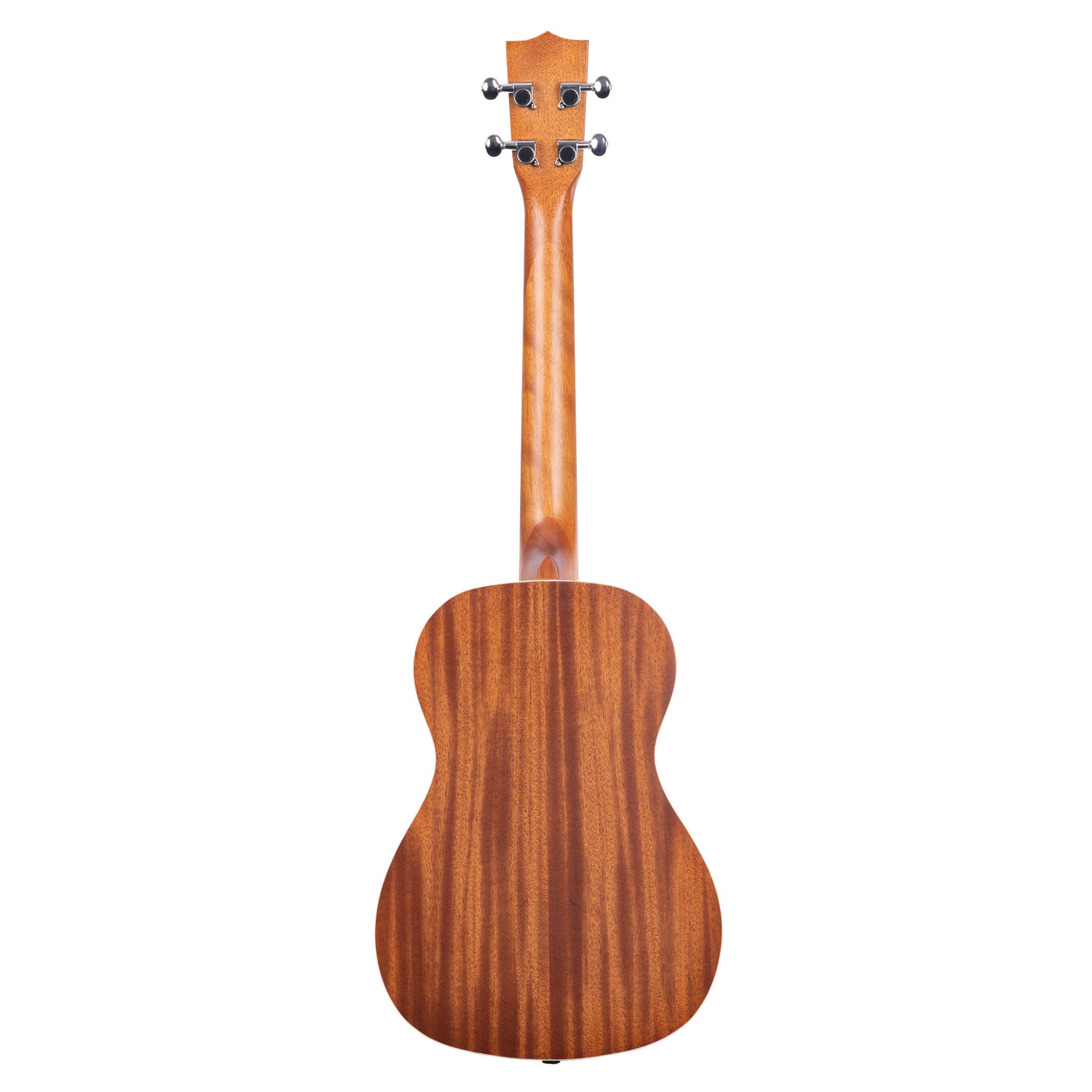 The back view of a Kala Satin Mahogany Baritone Rosewood Update - KA-B with a rich warm brown finish and visible grain patterns, shown against a solid white background.
