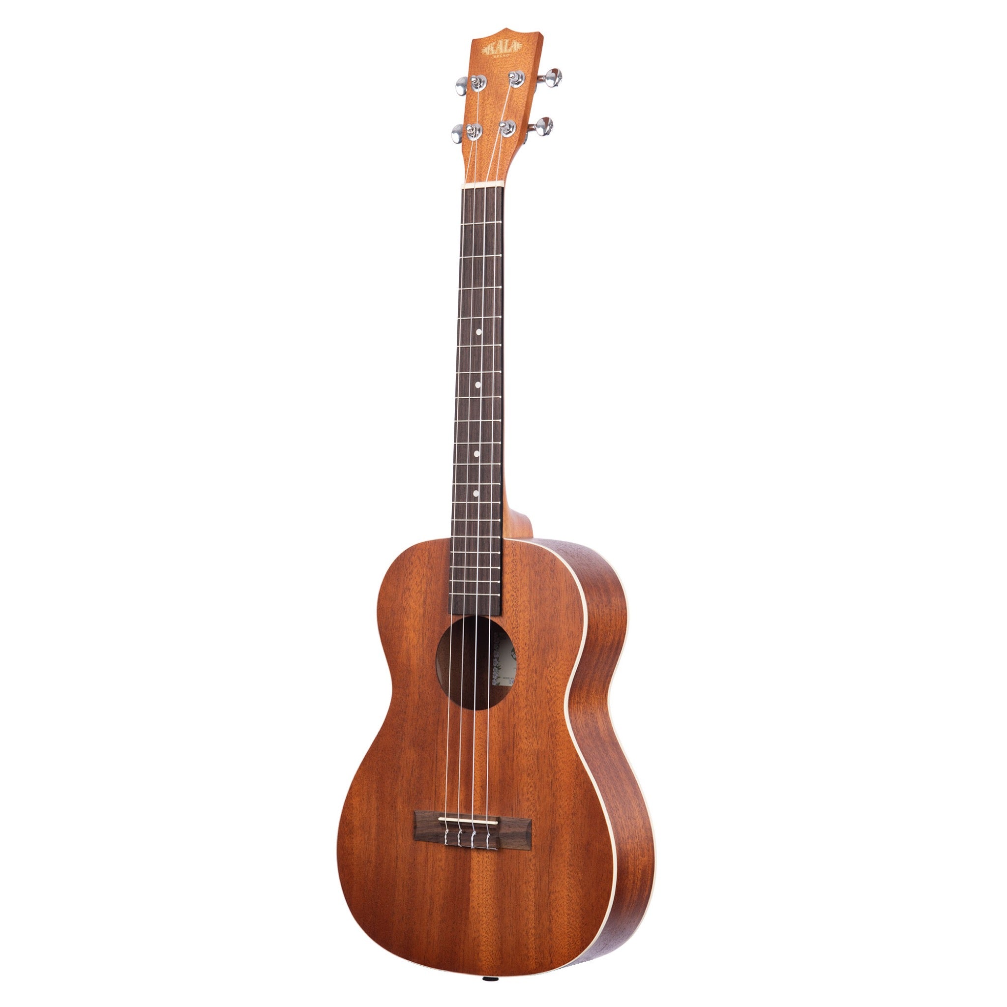 A Kala Satin Mahogany Baritone Rosewood Update - KA-B with a warm brown finish, dark fretboard, and silver tuning keys, shown against a plain white background.