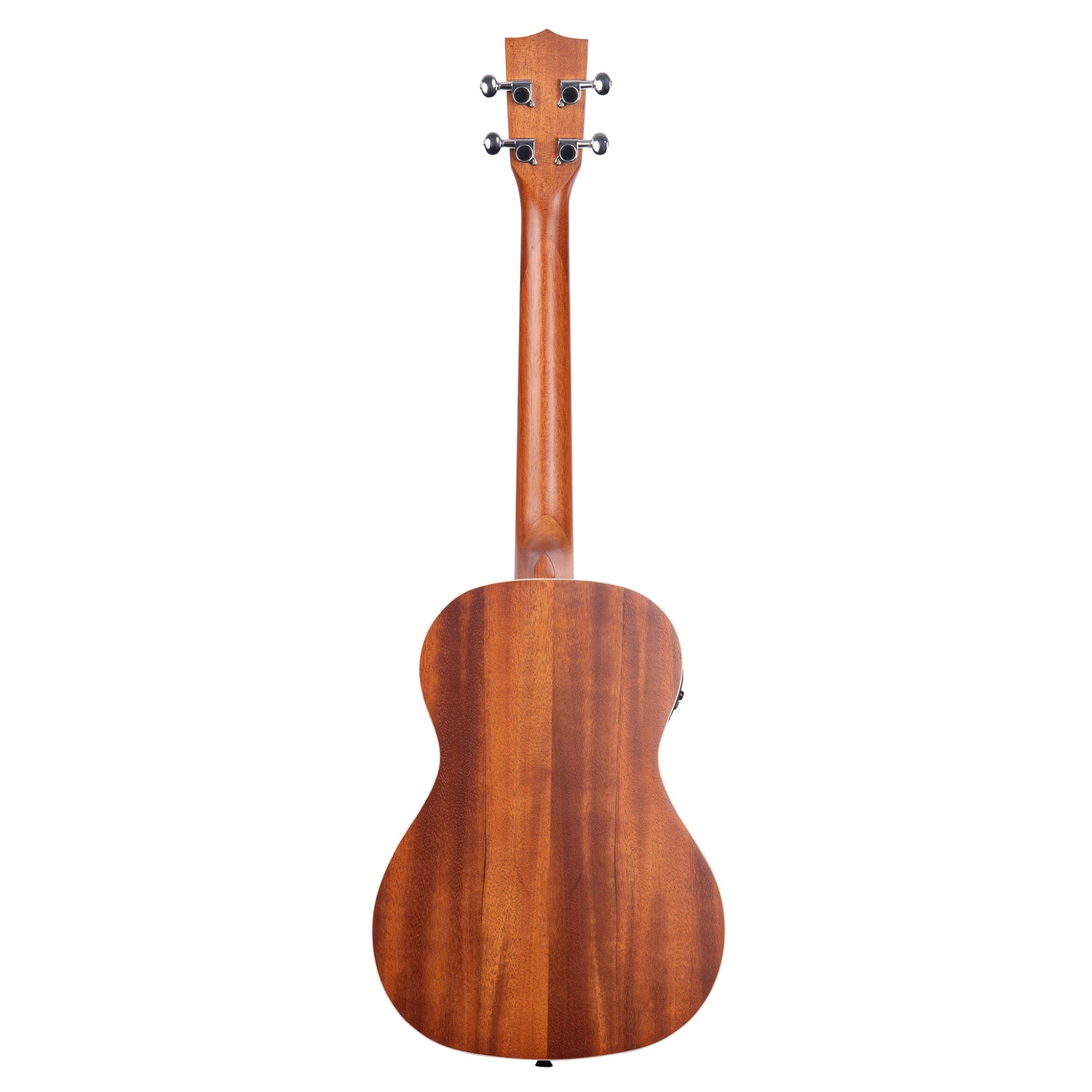 The back view of a woodenKala KA-BE Satin Mahogany Baritone Ukulele with EQ showing its rich mahogany wood grain finish, neck, and tuning pegs against a solid white background.