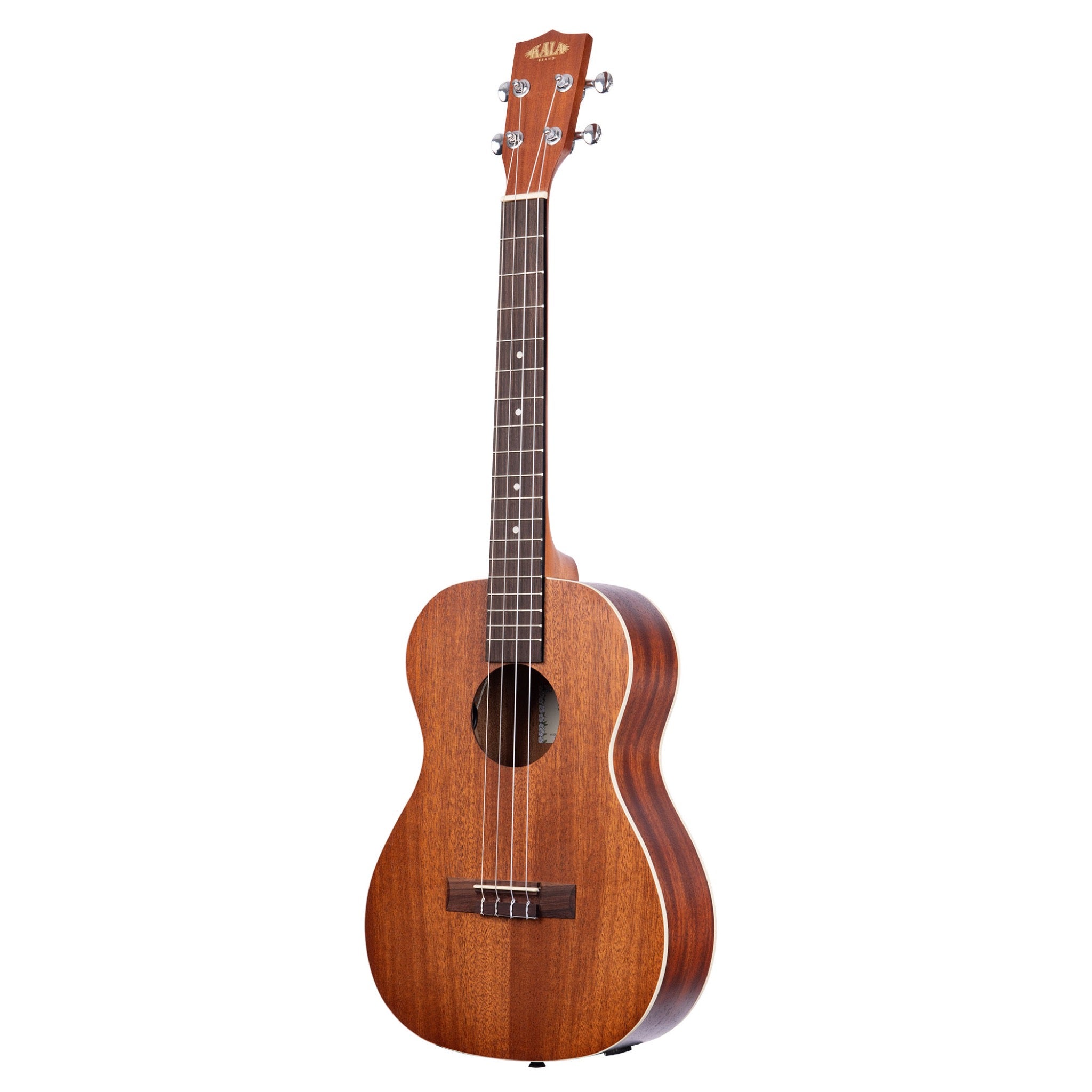 A Kala KA-BE Satin Mahogany Baritone Ukulele with EQ with a warm brown finish, dark fretboard, and silver tuning keys, shown against a plain white background.