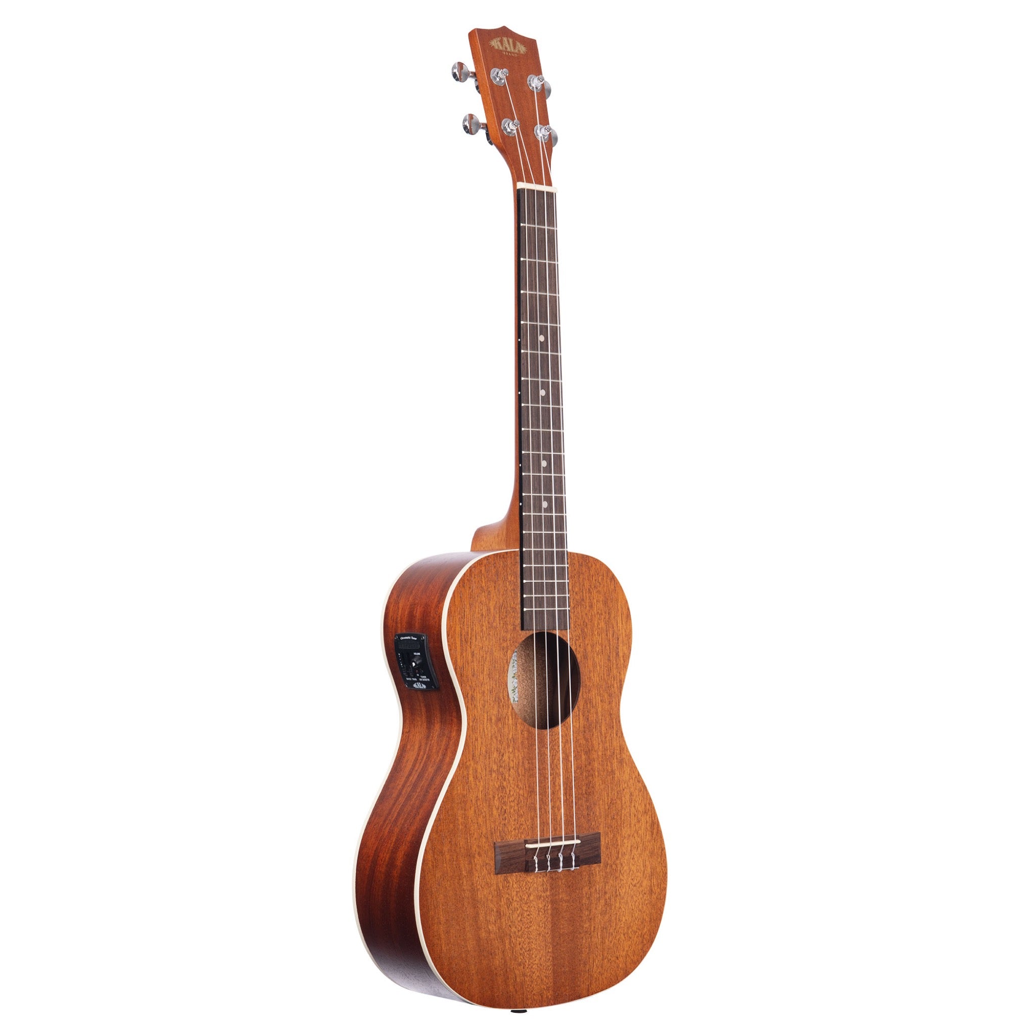 A Kala KA-BE Satin Mahogany Baritone Ukulele with EQ with a warm brown wood finish, featuring a built-in black speaker on the side, set against a plain white background.