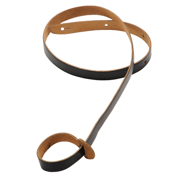 Black leather mandolin strap with brown leather strap on a white background