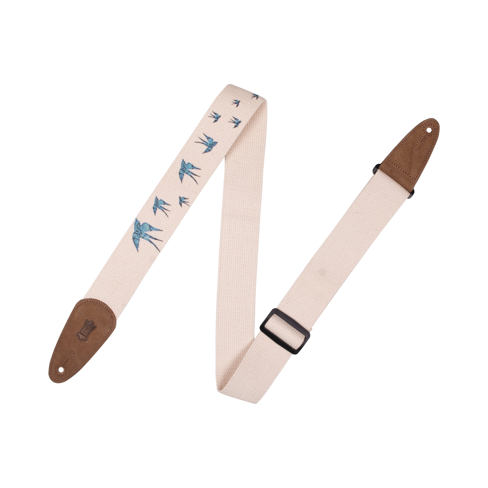 Beige guitar strap with brown ends and blue bird pattern on a white background