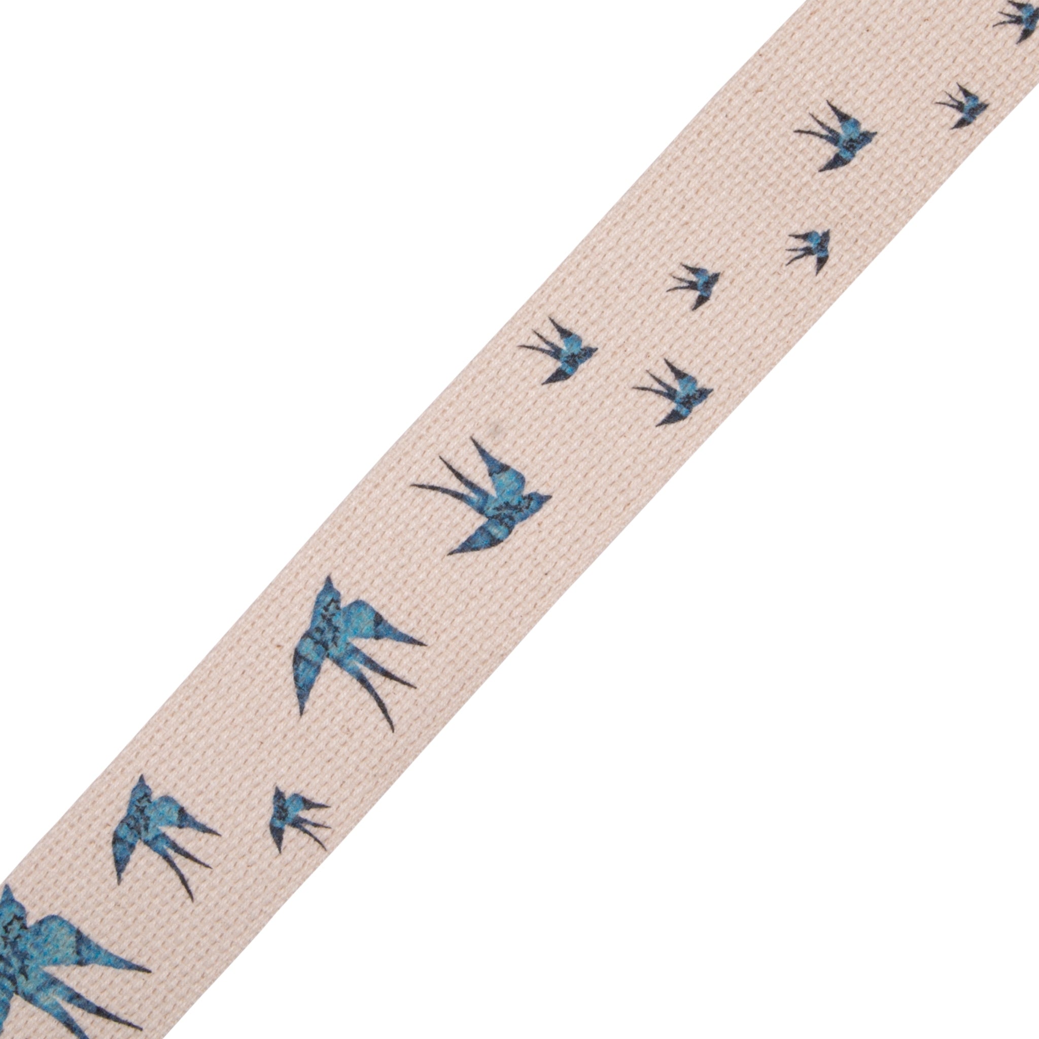Beige ribbon with blue bird pattern on a white background
