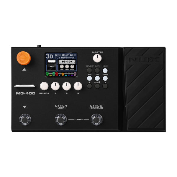 NUX MG-400 multi-effects & amp modeler — top view with dual footswitches and screen