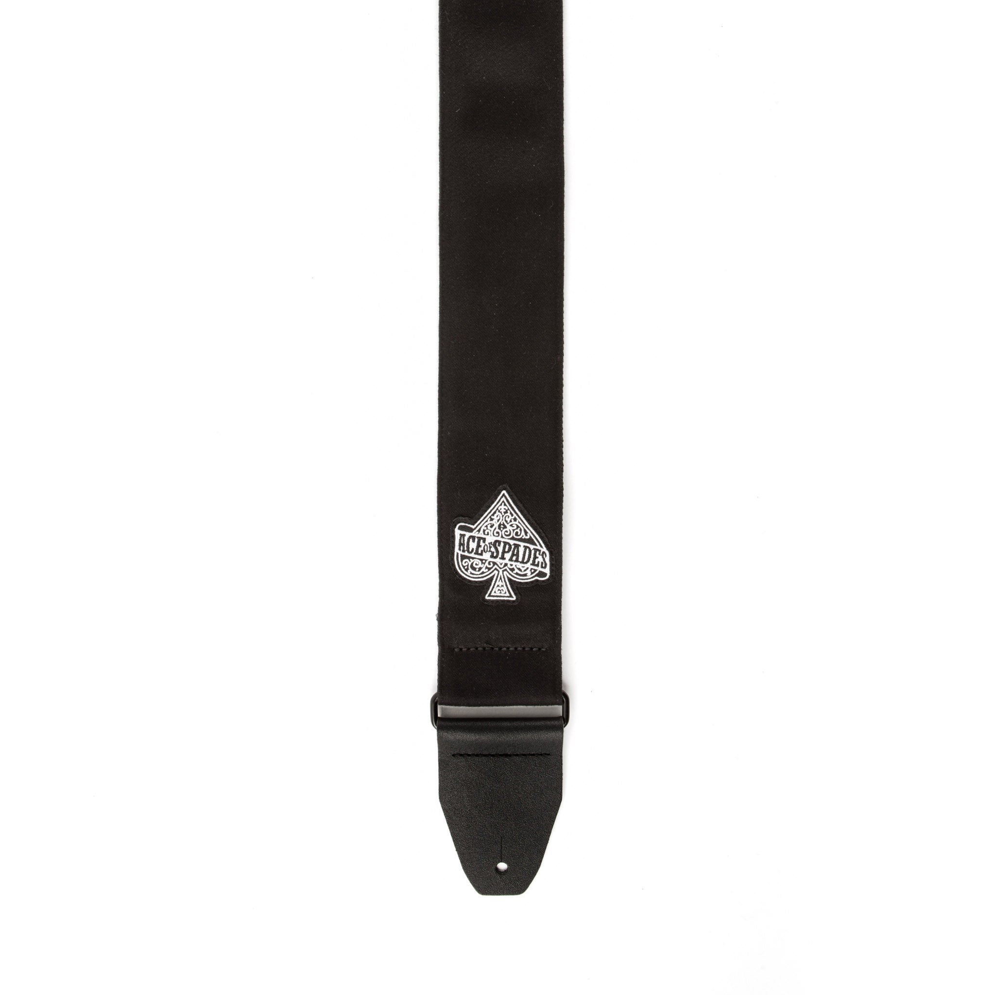 Black guitar strap with a brand logo on a white background