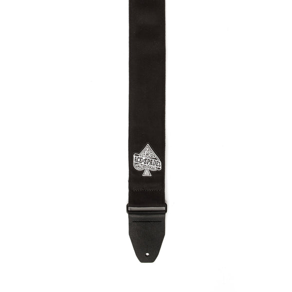 Black guitar strap with a brand logo on a white background