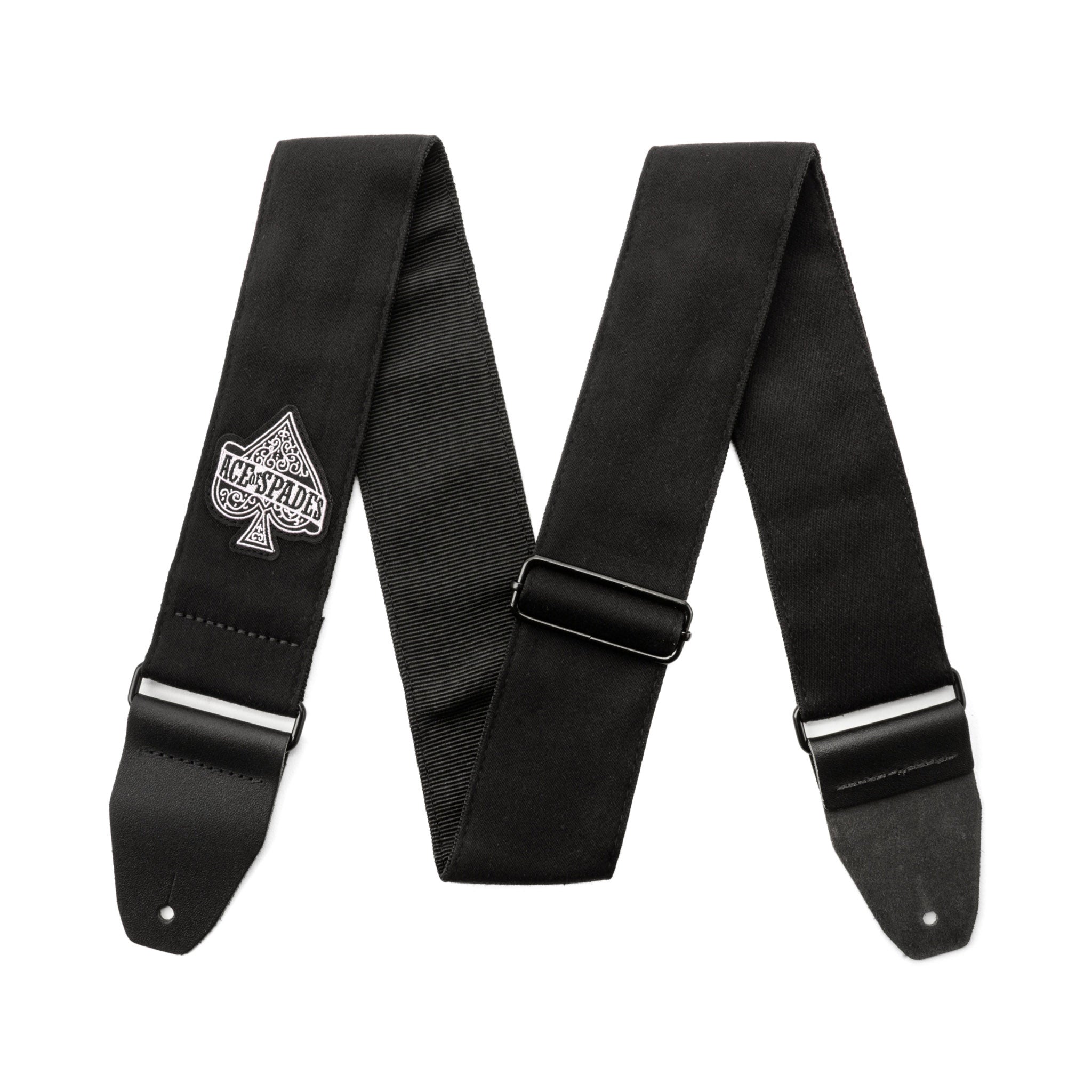 Black guitar strap with a logo on a white background