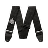 Black guitar strap with a logo on a white background