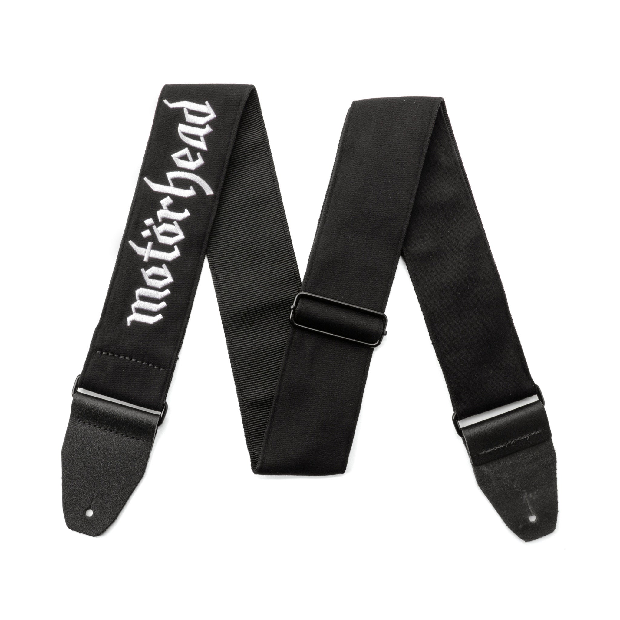 Black guitar strap with 'Motorhead' branding on a white background