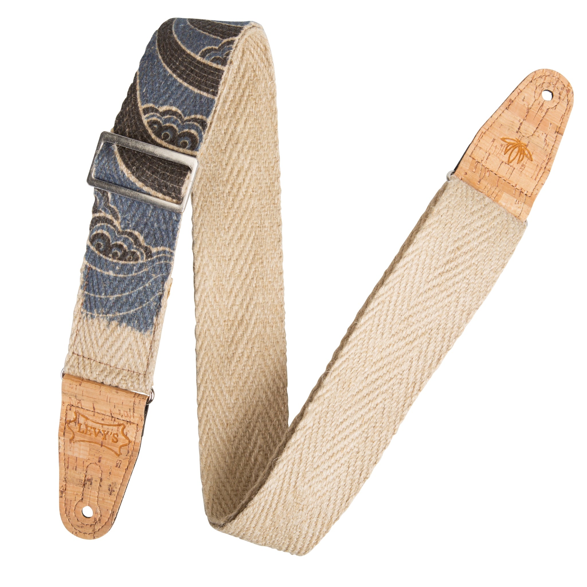 Guitar strap with paisley pattern and wooden ends on a white background