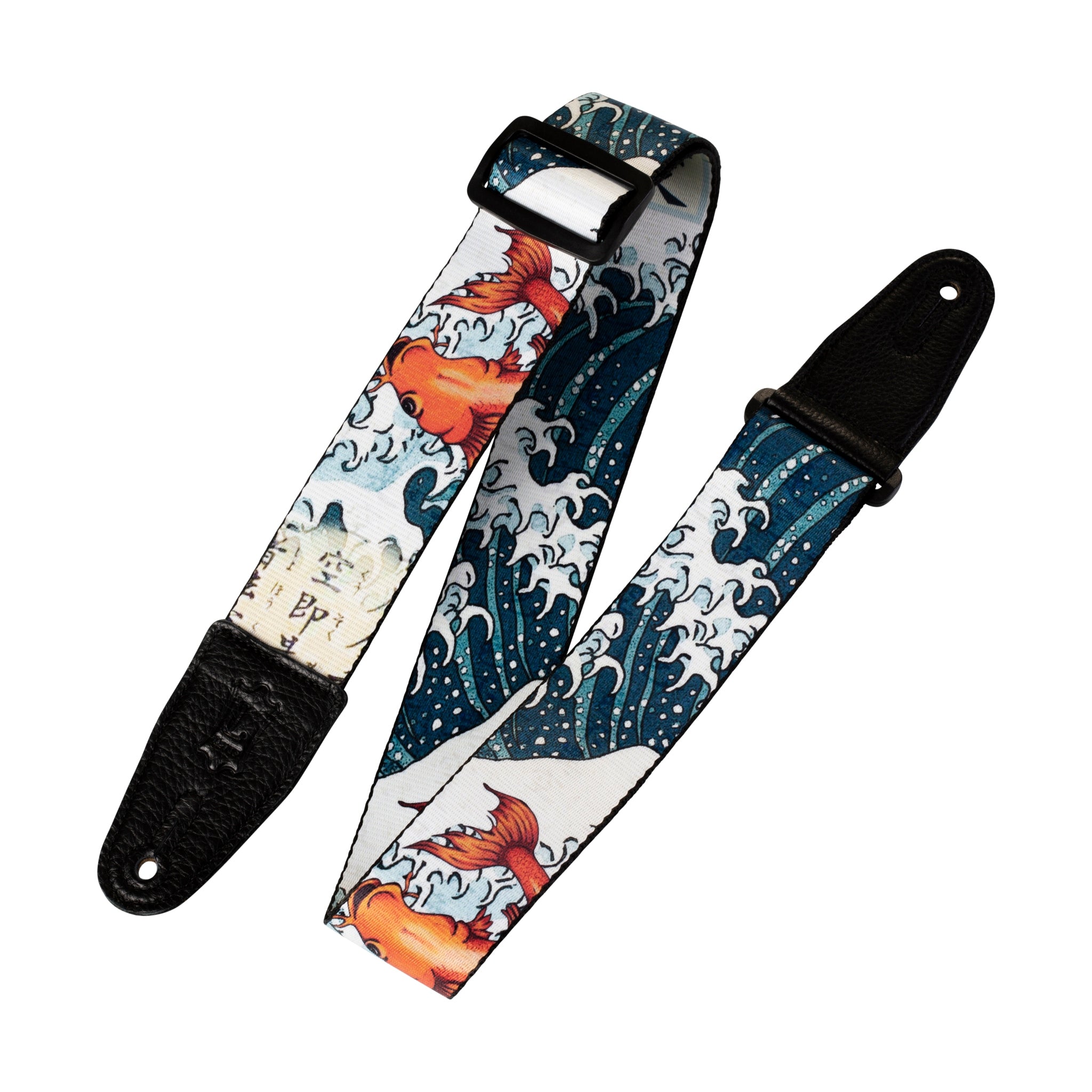 Guitar strap with fish and wave design on a white background