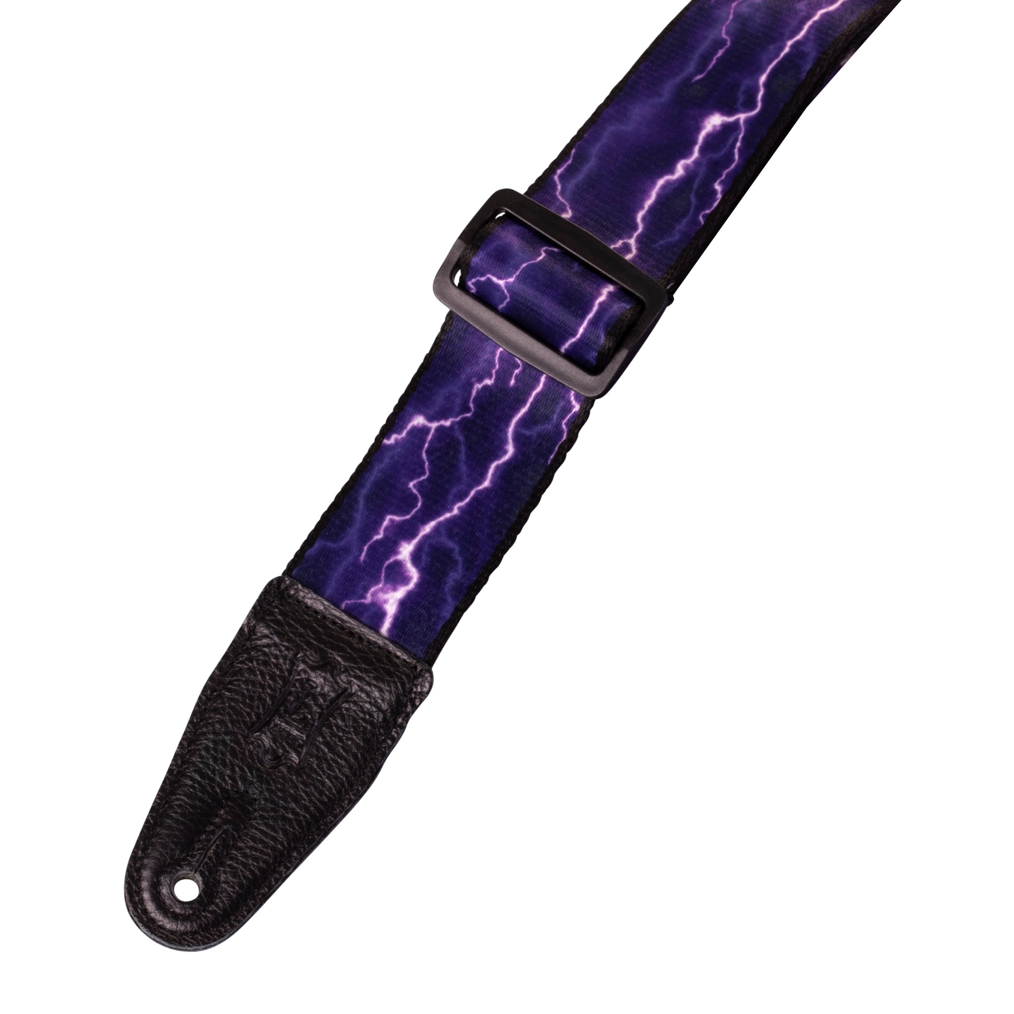 Purple lightning patterned guitar strap with black buckle on a white background