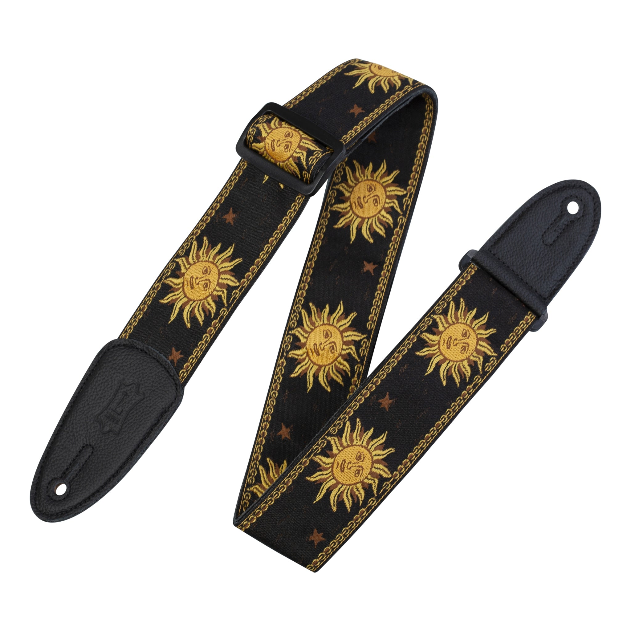 Black guitar strap with gold sun designs on a white background