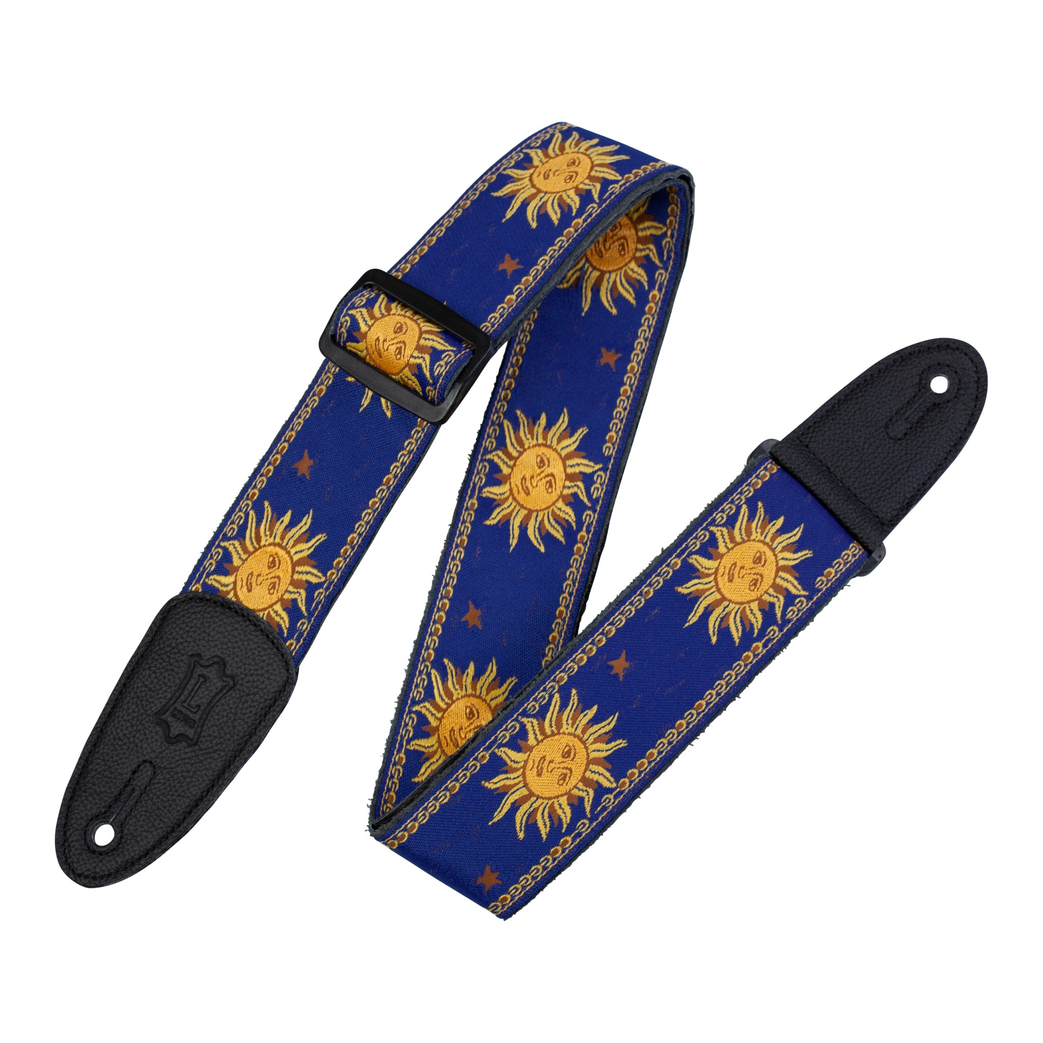 Guitar strap with sun design on a blue background
