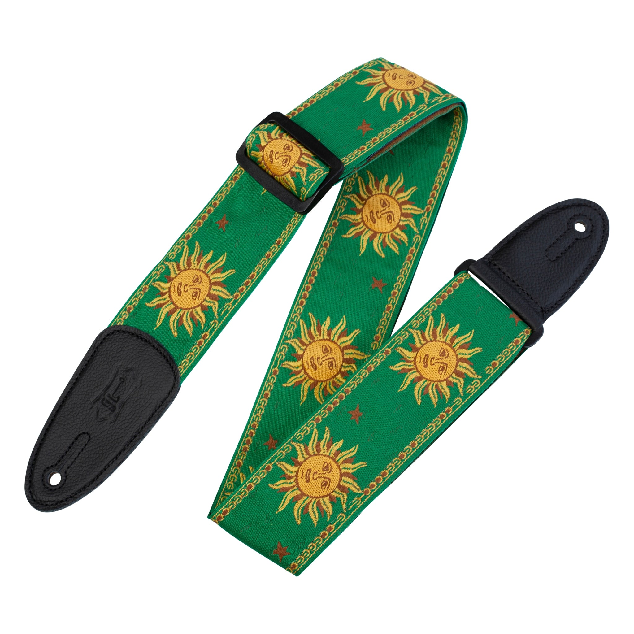 Green guitar strap with sun designs on a white background