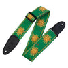 Green guitar strap with sun designs on a white background