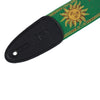 Guitar strap with sun design on green fabric and black leather tab