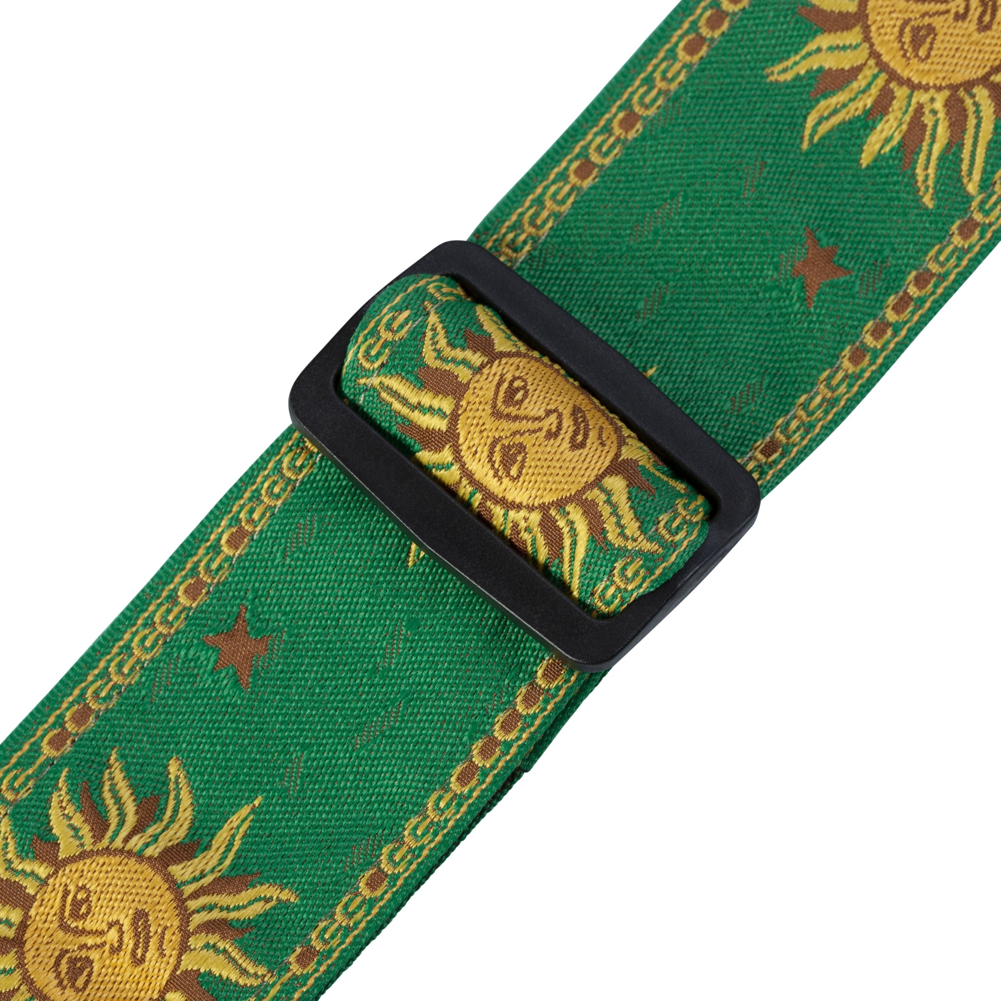 Green guitar strap with sun and star pattern on a white background