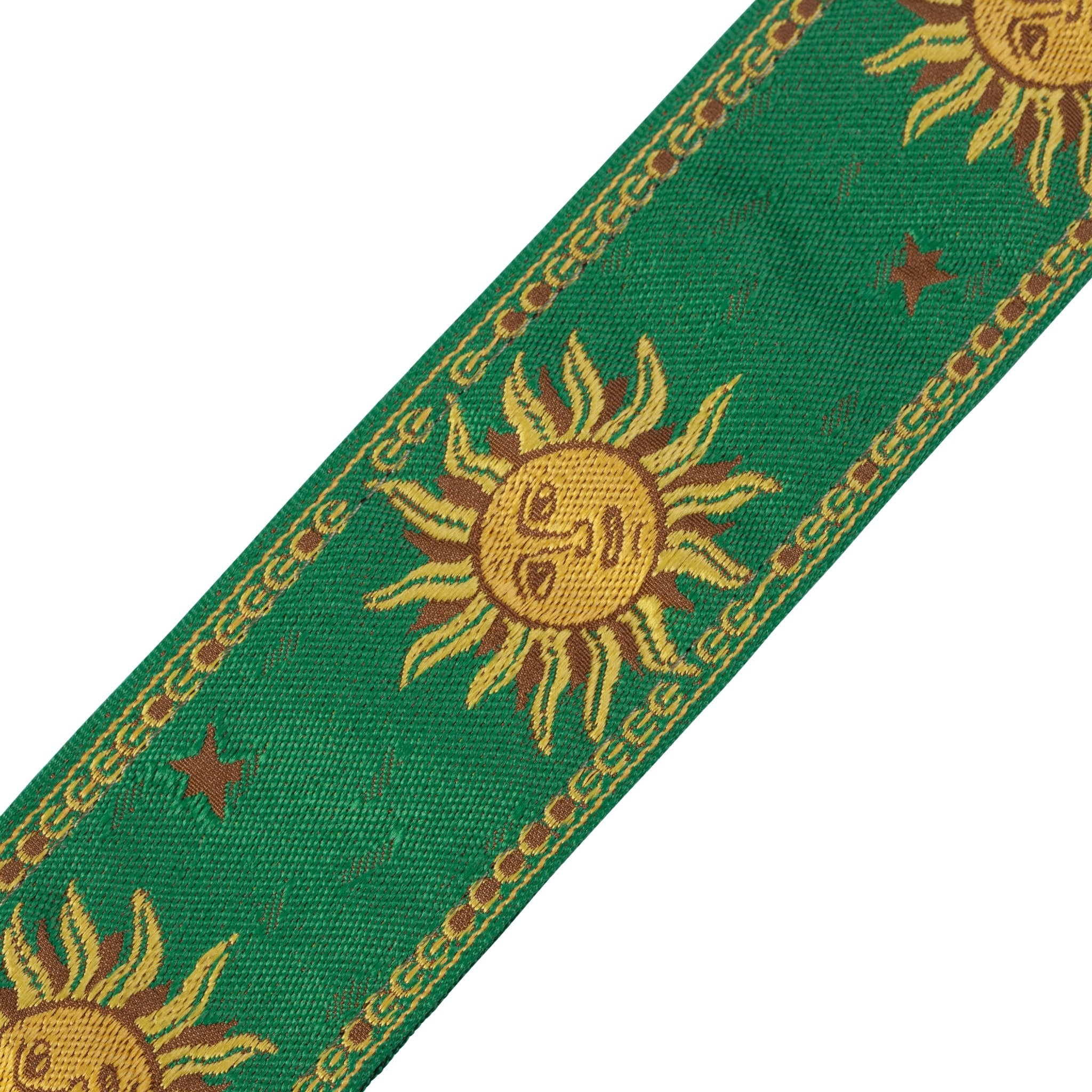 Green guitar strap with sun and star pattern on a white background