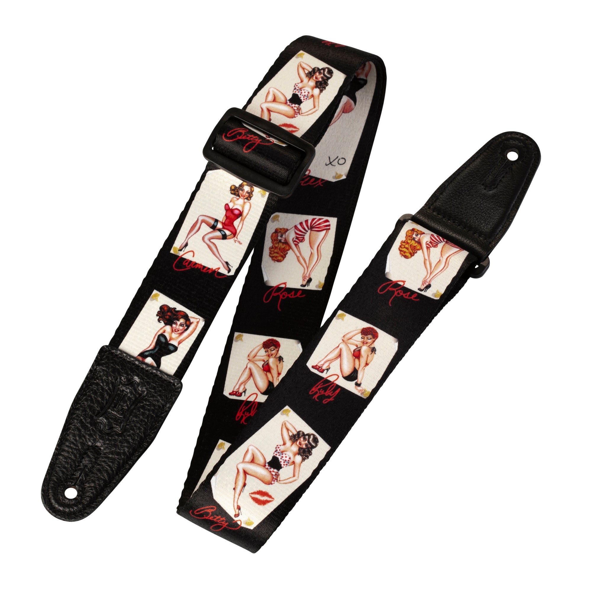 Guitar strap with vintage-style illustrations on a white background
